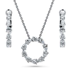 Sterling Silver Pear Cut CZ Open Circle Necklace and Earrings