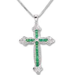 14k White Gold Diamond and Emerald Cross Pendant