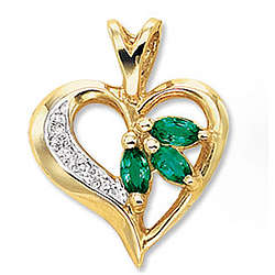 14K Yellow Gold Marquise Emerald Diamond Heart Pendant
