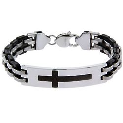Men's Black Plate Engravable Stainless Steel Cross Bracelet