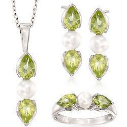 Peridot and Cultured Pearl Ring, Drop Earrings, and Necklace