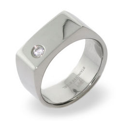 Engravable Men's Stainless Steel Signet Ring with CZ