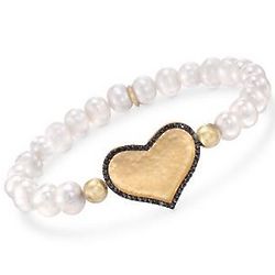 Cultured Pearl and Black Spinel Accented Heart Bracelet