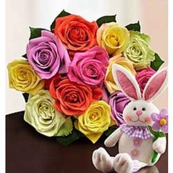 Easter Rose Bouquet with Bunny Stuffed Animal