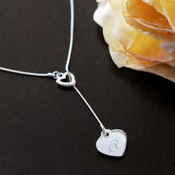 Engraved Initial Double Heart Lariat Necklace