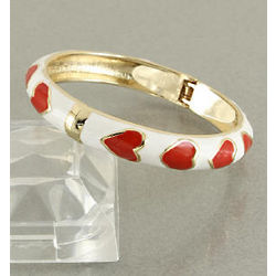 Bangle Bracelet with Red Enamel Hearts Accented with Gold