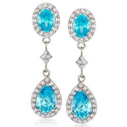 Blue and White Cubic Zirconia Halo Drop Earrings in Silver