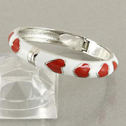 Bangle Bracelet with Red Enamel Hearts Accented with Silver