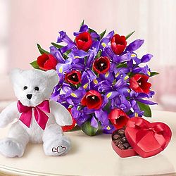 Bunches of Love Tulip and Iris Bouquet with Bear and Chocolates