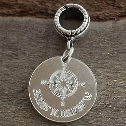 Compass Coordinates Engraved Sterling Silver Charm Bead