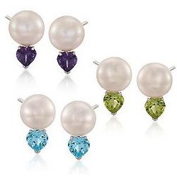 Multi-Gem Heart and Pearl Drop Earrings Set