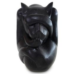 Black Yogi Cat Wood Sculpture