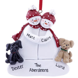 Personalized Snow Couple with 2 Dogs Ornament