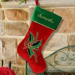 Embroidered Holly Leaves and Berries Christmas Stocking