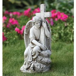 Seated Angel with Cross Outdoor Statue