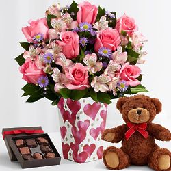 Pink Sapphire Roses with Valentine's Vase, Bear, and Chocolates