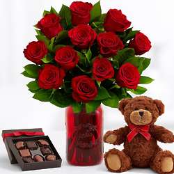 12 Long Stemmed Red Roses with Red Mason Jar, Bear & Chocolates