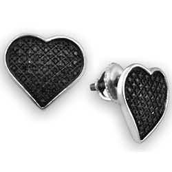 Sterling Silver and Black Diamond Heart Earrings