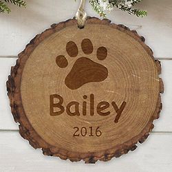 Engraved Paw Print Rustic Wood Ornament