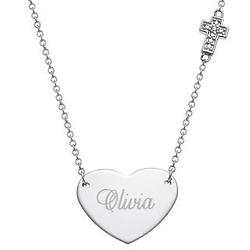 Engraved Sterling Silver Heart Pendant with Diamond Accent Cross