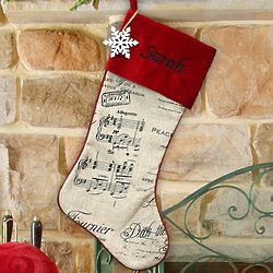 Embroidered Burlap Stocking with Black Music Notes