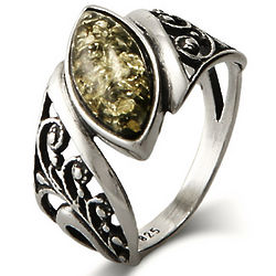 Green Baltic Amber Floral Marquise Sterling Silver Ring