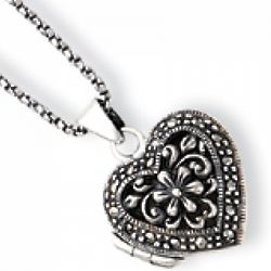 Sterling Silver Marcasite Heart Locket Necklace