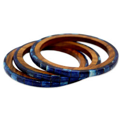 3 Blue Symphony Bone and Wood Bangle Bracelets