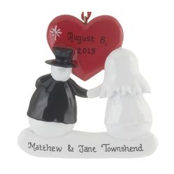 Personalized Snowman Wedding Couple with Red Heart Ornament