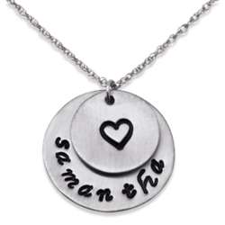 Sterling Silver Hand Stamped Name and Heart Double Disc Pendant