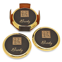Monogrammed Black and Gold Round Coasters