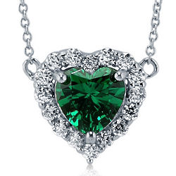 Heart Cut Simulated Emerald Sterling Silver Halo Pendant