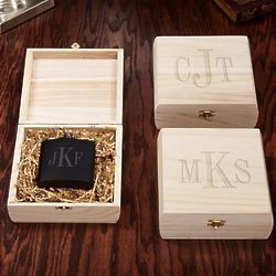 3 Monogram Personalized Flasks with Wooden Gift Boxes