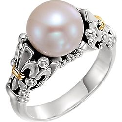 Sterling Silver and 14-Karat Gold Fleur-de-lis Pearl Ring