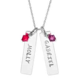 Sterling Silver Couple's Stamped Name and Birthstone Bar Necklace