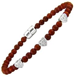 Red Agate and Sterling Silver Diamond Hearts Bracelet