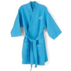 Embroidered Short Bright Blue Waffle Robe