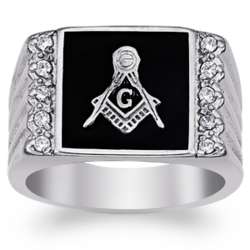 Men's Stainless Steel Masonic and Cubic Zirconia Ridged Band Ring