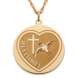 Personalized Gold Over Sterling Cross and Dove Disc Necklace