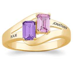 Gold Plated Couple's Name and Emerald-Cut Birthstone Ring