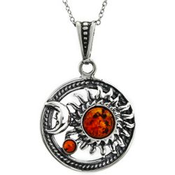 Celestial Sun and Moon Sterling Silver Baltic Amber Pendant