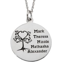 Sterling Silver Engraved Family Heart Tree Name Disc Pendant