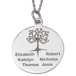 Sterling Silver Family Tree Engraved Names Disc Pendant