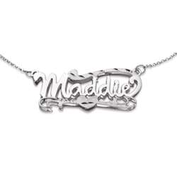 Sterling Silver 3-D Script Name Necklace with Florentine Heart