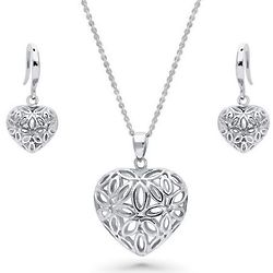 Sterling Silver Filigree Flower Heart Necklace and Earrings