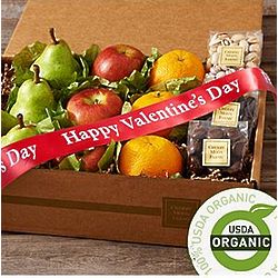 Organic Fruit and Snacks Box with Valentine's Day Ribbon