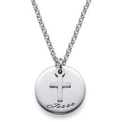 Baptism Engraved Disc Necklace with Cross Charm