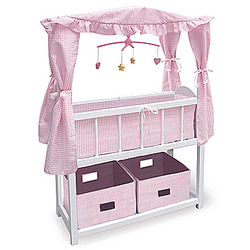 Wood Crib with Baskets and Musical Mobile For 22-Inch Dolls