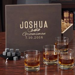 Groomsman Engraved Whiskey Glass Set with Wooden Box