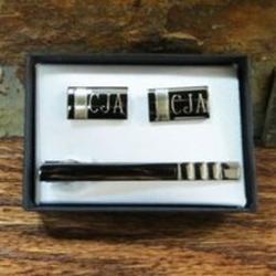 Personalized Gun Metal Cuff Links and Tie Clip Set